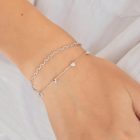 Silver Pave Puffed Heart Station Bracelet