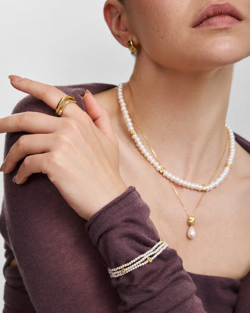Gold Glass Pearl & Twist Beaded Bracelet