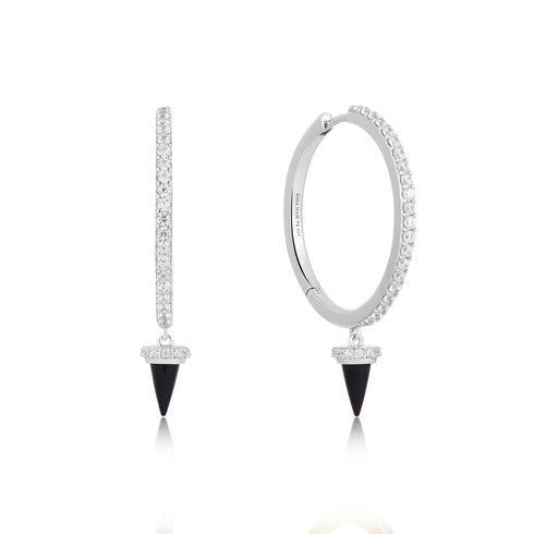 Silver Black Agate Drop Hoop Earrings | Ania Haie Australia
