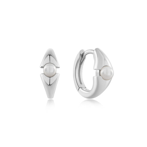 Silver Pearl Geometric Huggie Hoop Earrings | Ania Haie Australia