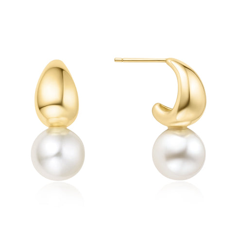 Gold Pearl Dome Hoop Earrings