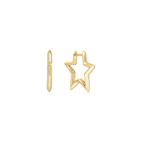 Gold Medium Star Pave Hoop Earrings