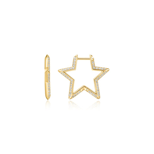 Gold Medium Star Pave Hoop Earrings