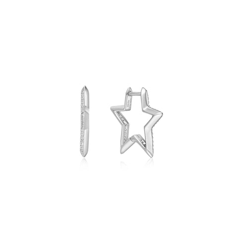 Silver Medium Star Pave Hoop Earrings