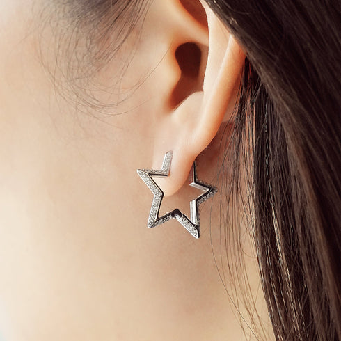 Silver Medium Star Pave Hoop Earrings