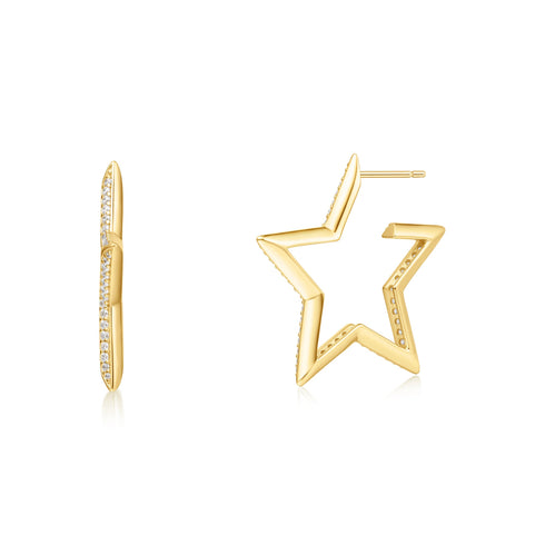 Gold Large Star-Shaped Pave Hoop Earrings
