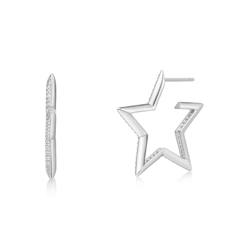 Silver Large Star-Shaped Pave Hoop Earrings