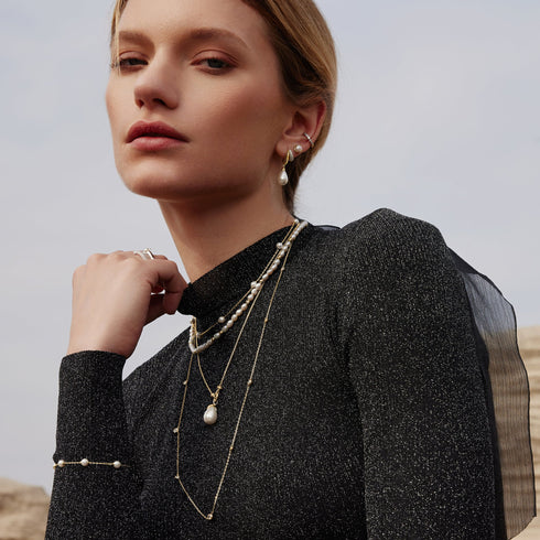 Gold Linked Shell Pearl Drop Pendant Necklace