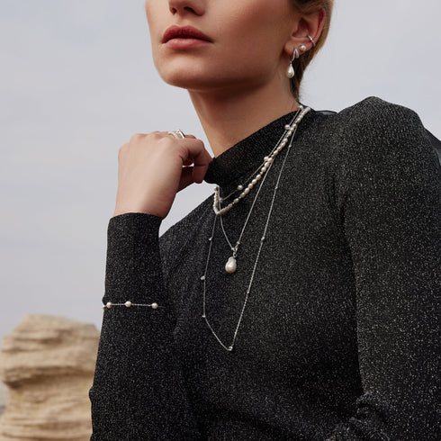 Silver Sparkling Duet Mixed Shell Pearl Drop Huggie Hoop Earrings