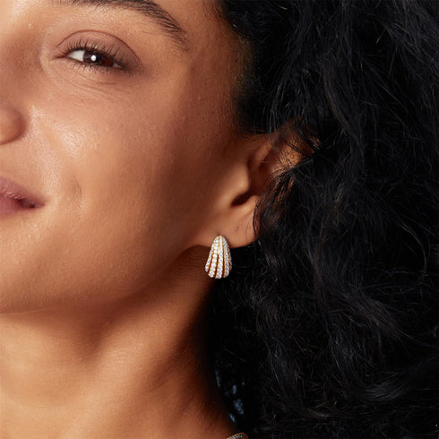 Gold Pave Shrimp Stud Hoop Earrings