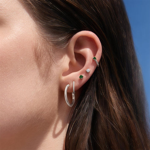 Silver Green Huggie Hoop Earrings