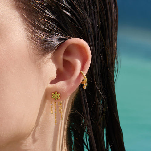 Gold Floral Tassel Drop Stud Earrings