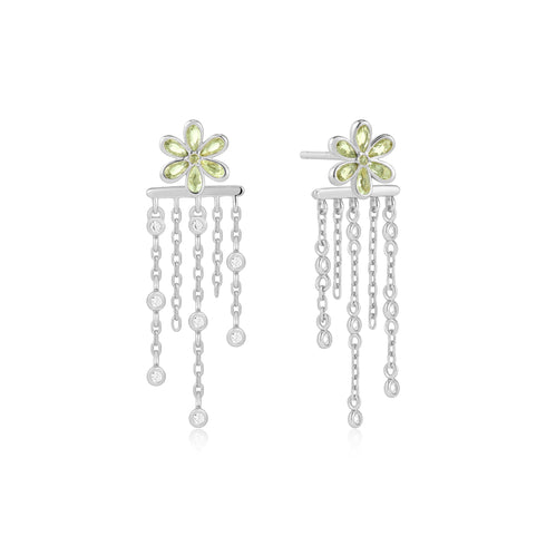Silver Floral Tassel Drop Stud Earrings