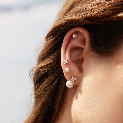 Silver Shell Pearl & Lucky Clover Stud Earrings