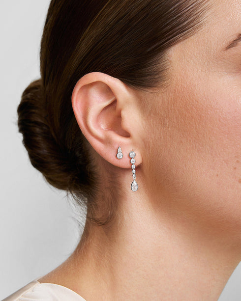 Silver Graduated Bezel Round & Teardrop Dangle Stud Earrings