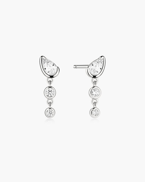 Silver Teardrop & Bezel Round Dangle Stud Earrings