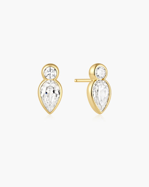 Gold Bezel Inverted Teardrop & Round Stud Earrings