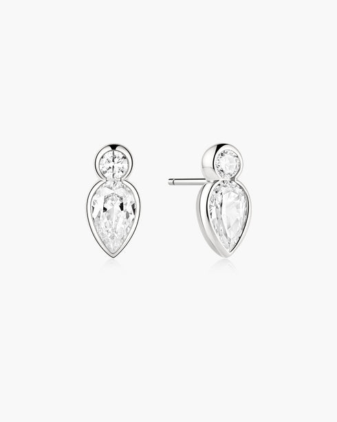 Silver Bezel Inverted Teardrop & Round Stud Earrings