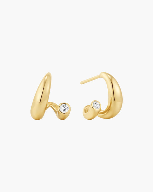 Gold Spiral Bezel-End Stud Hoop Earrings