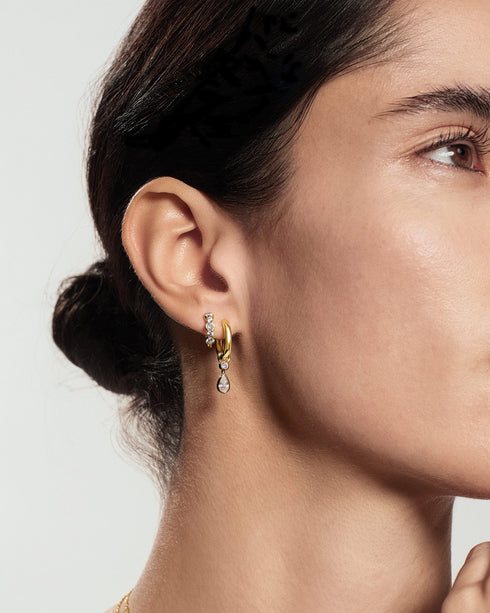 Gold Dangling Bezel Teardrop Huggie Hoop Earrings