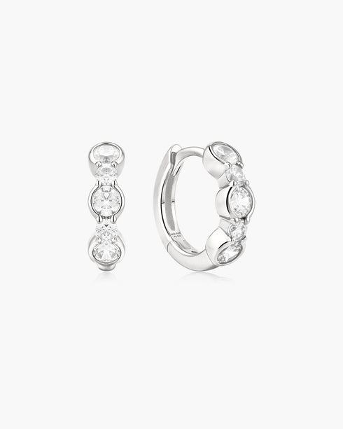 Silver Alternating Half-Bezel Huggie Hoop Earrings