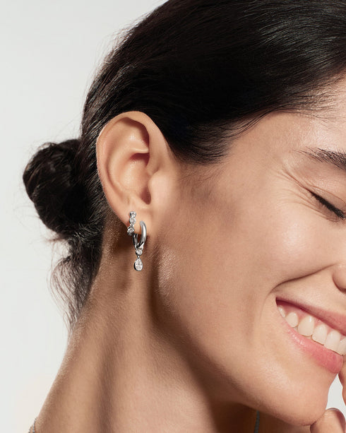 Silver Dangling Bezel Teardrop Huggie Hoop Earrings