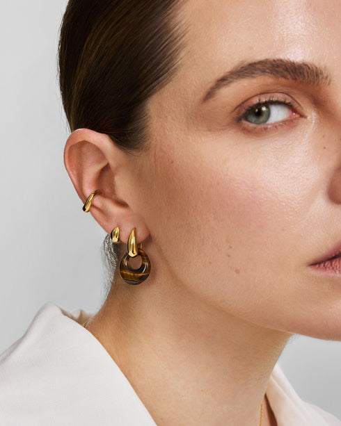 Gold Hollow Tiger's Eye Organic Pebble Drop Earrings