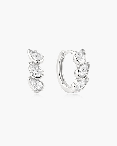 Silver Triple Half-Bezel Teardrop Huggie Hoop Earrings