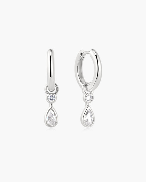 Silver Dangling Bezel Teardrop Huggie Hoop Earrings
