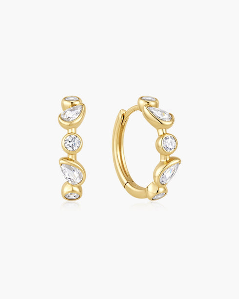 Gold Bezel Round & Teardrop Huggie Hoop Earrings