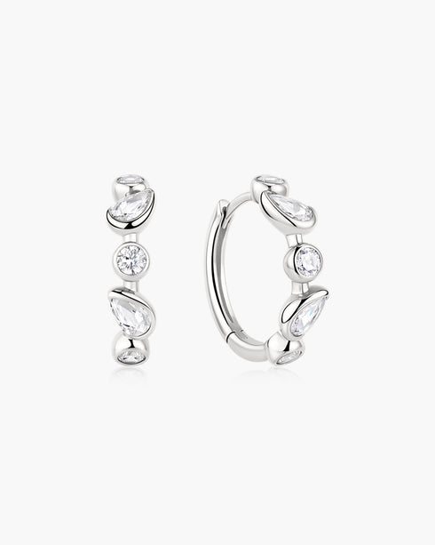 Silver Bezel Round & Teardrop Huggie Hoop Earrings