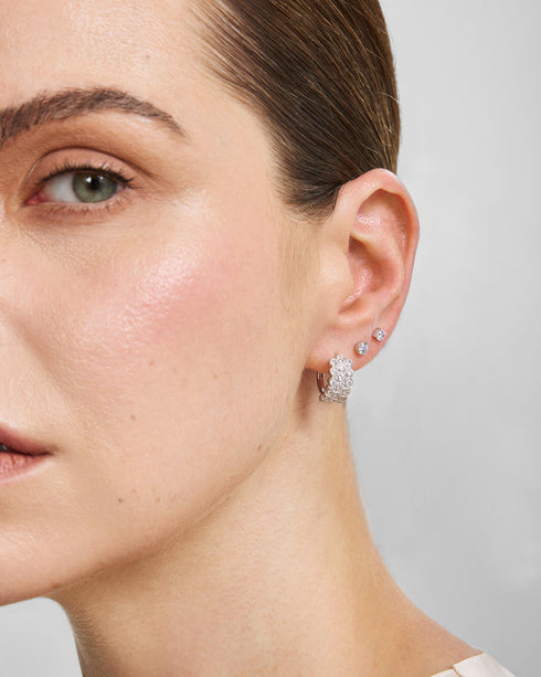 Silver Triple Row Bezel Huggie Hoop Earrings