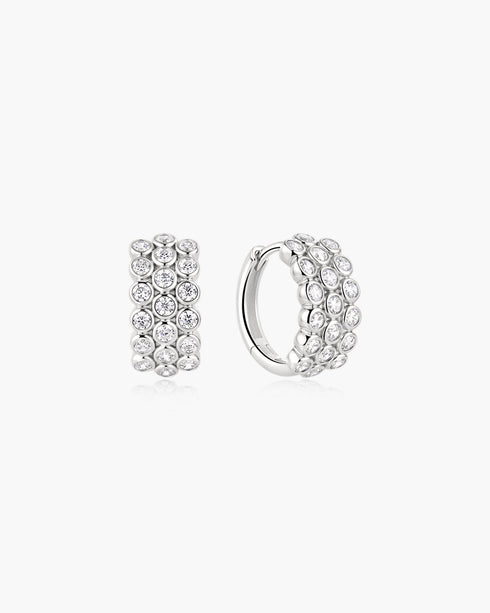 Silver Triple Row Bezel Huggie Hoop Earrings