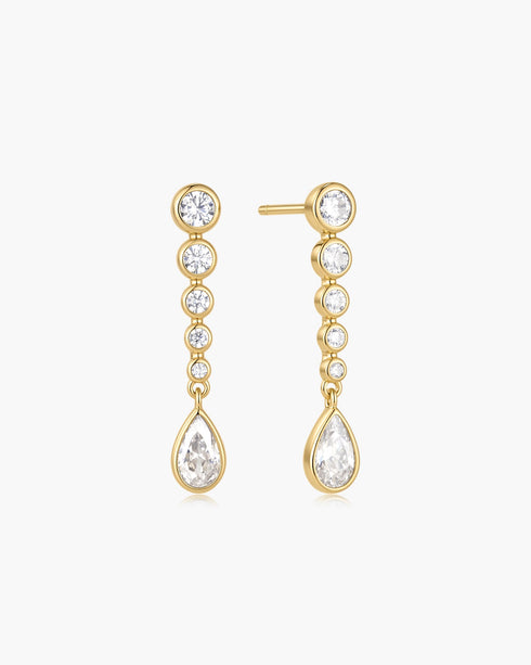 Gold Graduated Bezel Round & Teardrop Dangle Stud Earrings