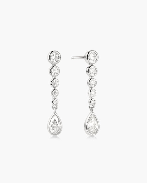 Silver Graduated Bezel Round & Teardrop Dangle Stud Earrings