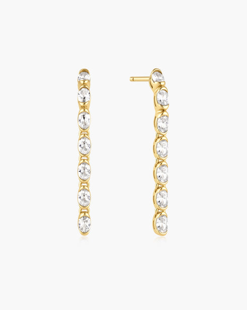 Gold Half-Bezel Oval Linear Dangle Stud Earrings