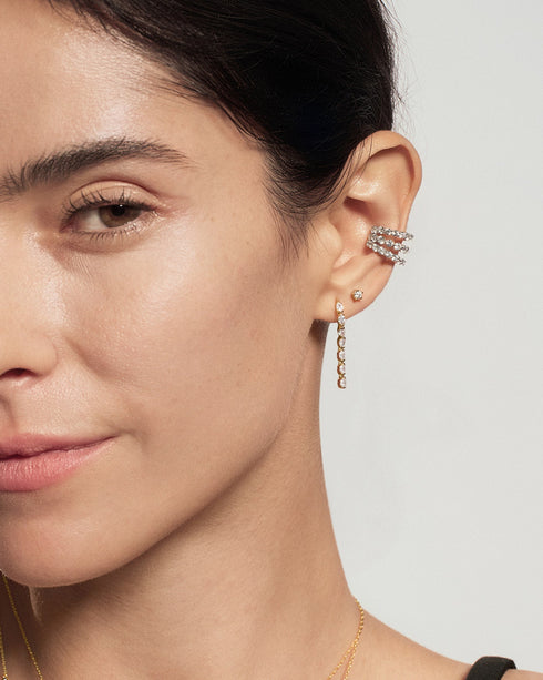 Gold Half-Bezel Oval Linear Dangle Stud Earrings