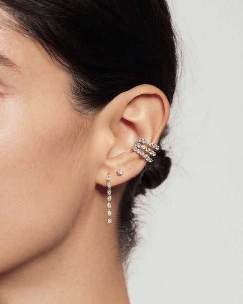 Gold Half-Bezel Oval Linear Dangle Stud Earrings
