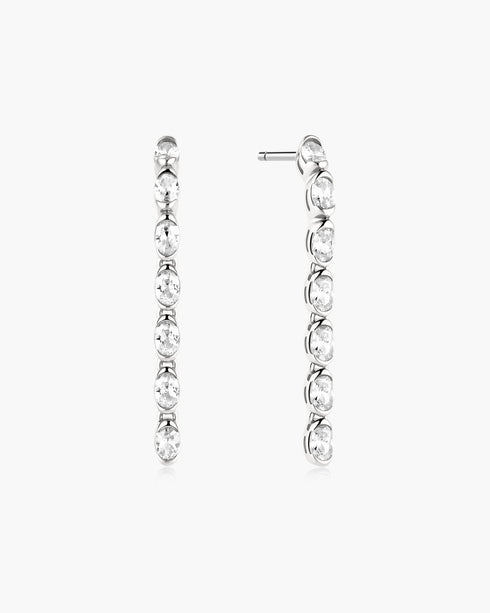 Silver Half-Bezel Oval Linear Dangle Stud Earrings