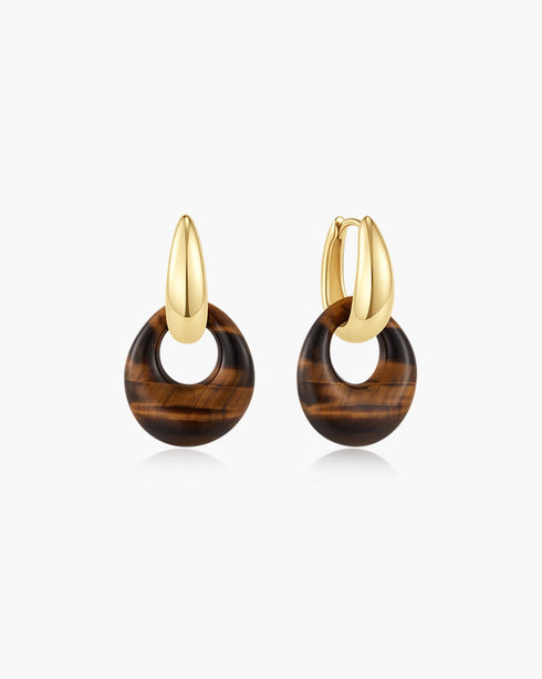 Gold Hollow Tiger's Eye Organic Pebble Drop Earrings