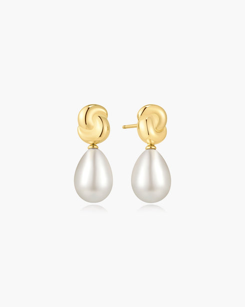 Gold Twist & Shell Pearl Drop Stud Earrings