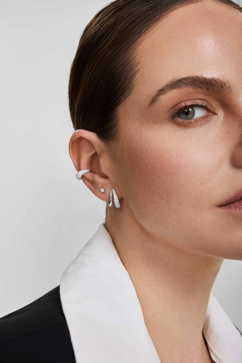 Silver Pave & Polished Teardrop Duet Stud Earrings