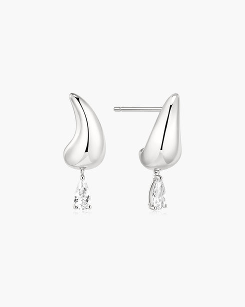 Silver Curved Teardrop Dangle Stud Earrings