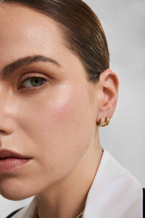 Gold Spiral Half Pave & Polish Huggie Hoop Earrings