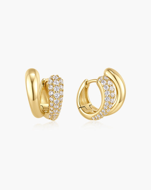 Gold Spiral Half Pave & Polish Huggie Hoop Earrings