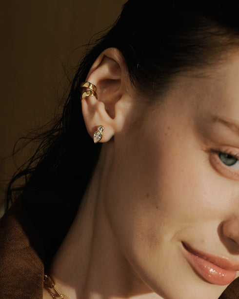 Gold Bezel Inverted Teardrop & Round Stud Earrings