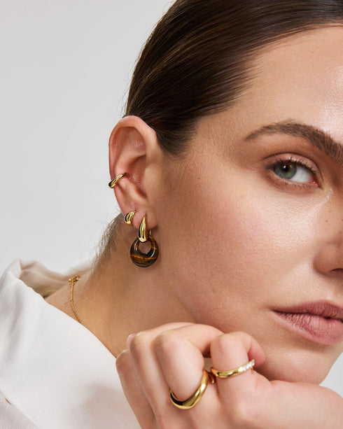 Gold Hollow Tiger's Eye Organic Pebble Drop Earrings