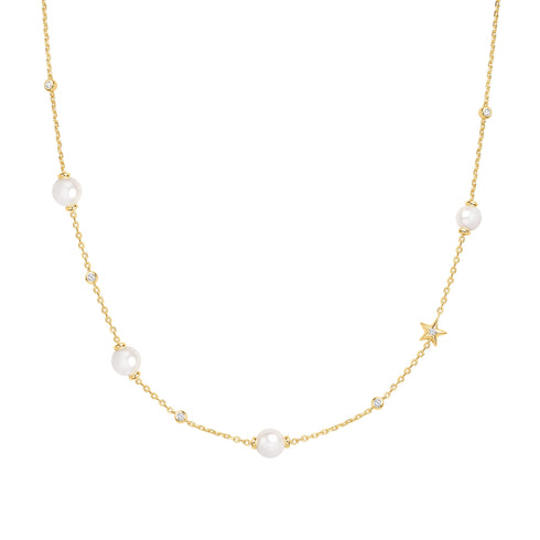 Gold Pearl and Star Station Necklace