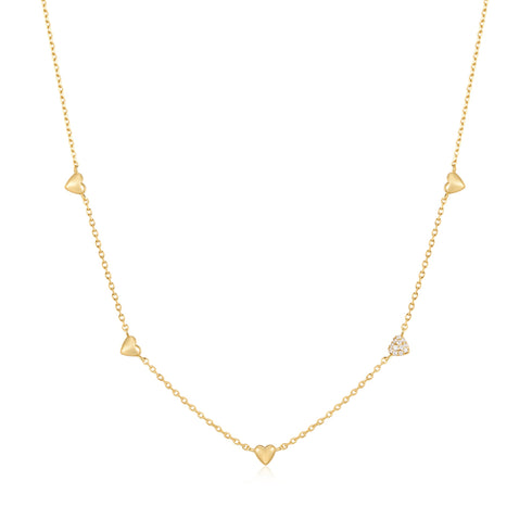 Gold Pave Puffed Heart Station Necklace