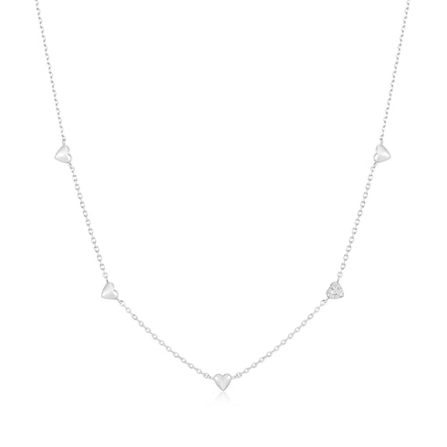 Silver Pave Puffed Heart Station Necklace